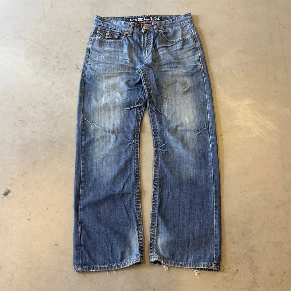 Helix Black Label Mens Straight Leg Distressed Blue Denim Jeans 34x30